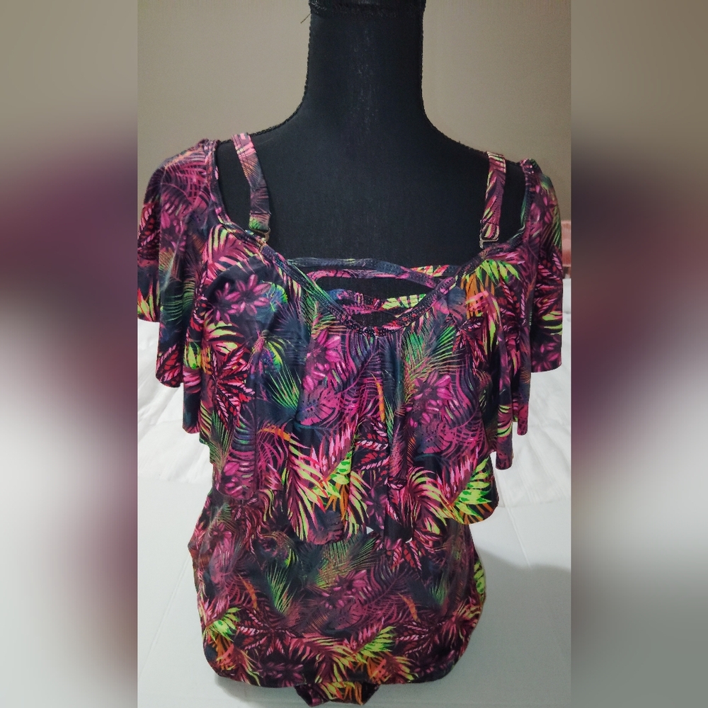 Purple and Pink Flutter Sleeve Ruffled Bathing Suit